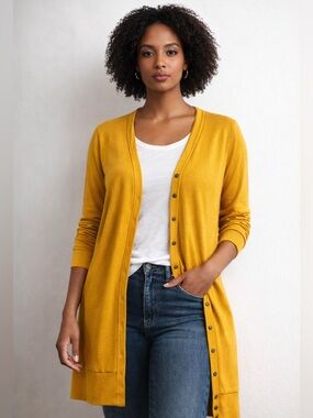 Mustard Gold Longline Cardigan Snap Button Lightweight Cozy Layer L